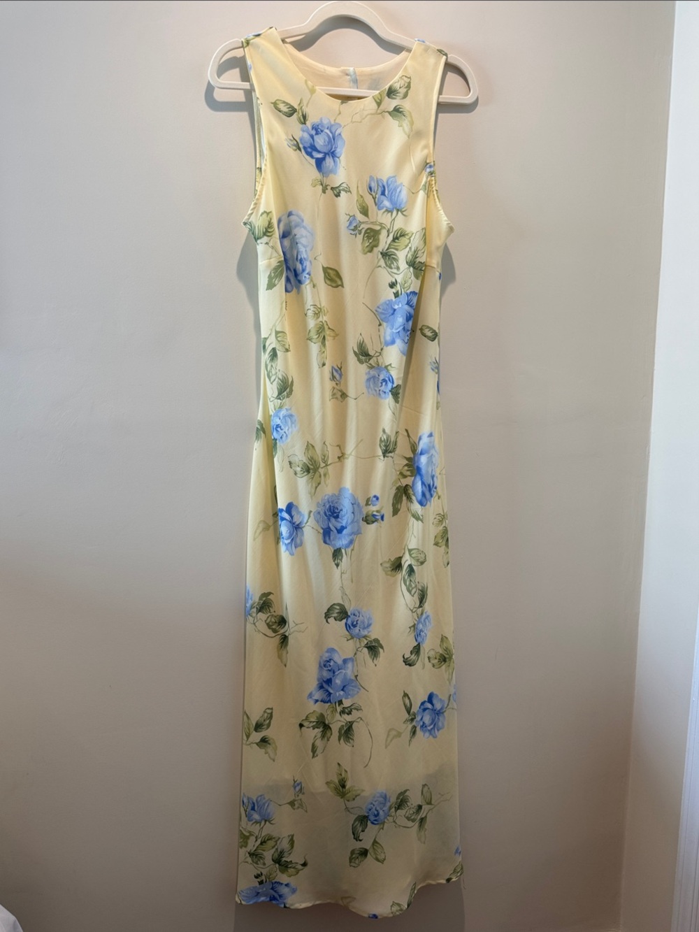 Vintage 90s Sleeveless Butter Yellow Floral Maxi Dress with Blue Roses - 16
